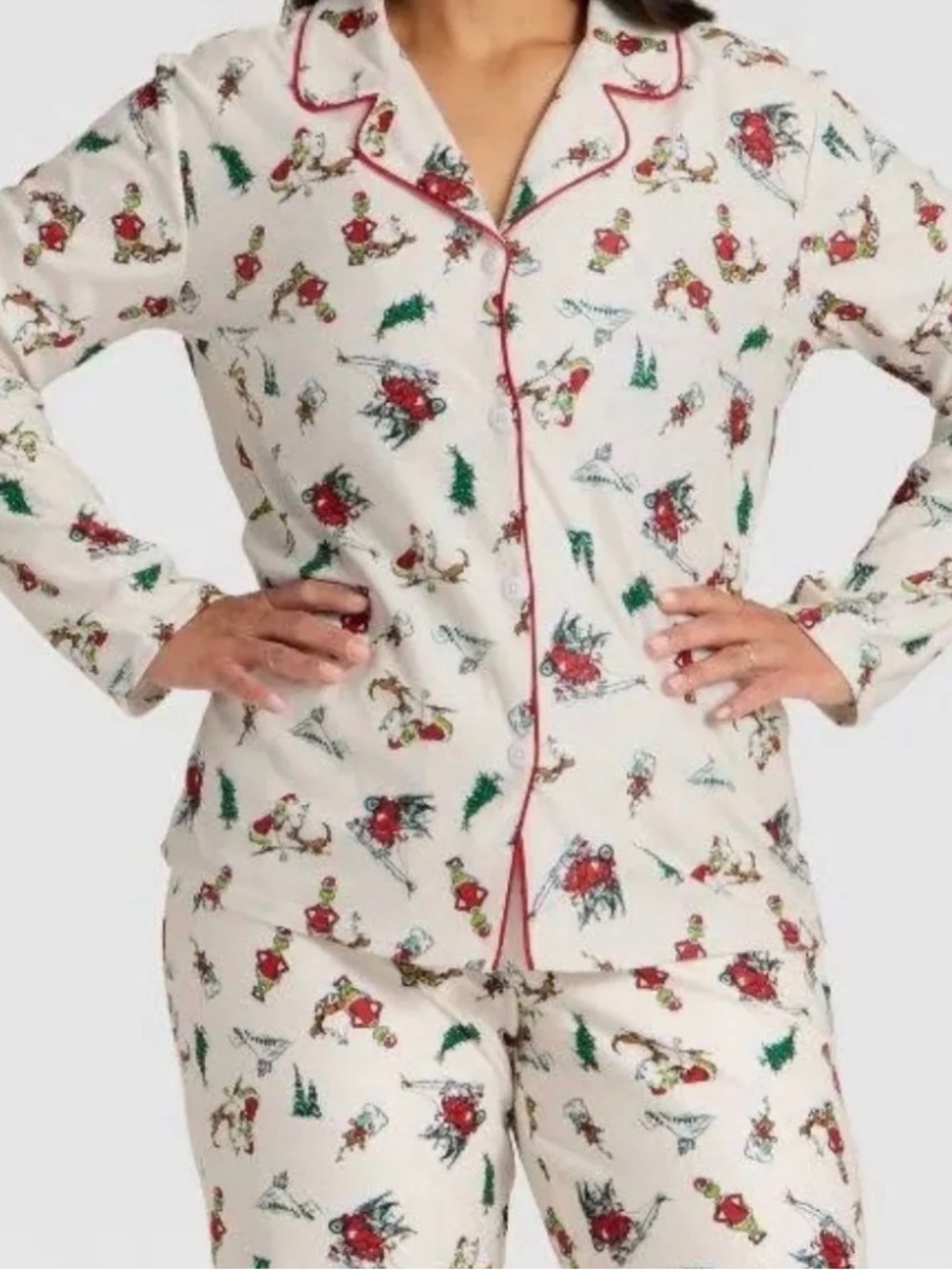 Women’s Dr. Seuss The Grinch Flannel Cream Holiday Ski Print Pajama Set